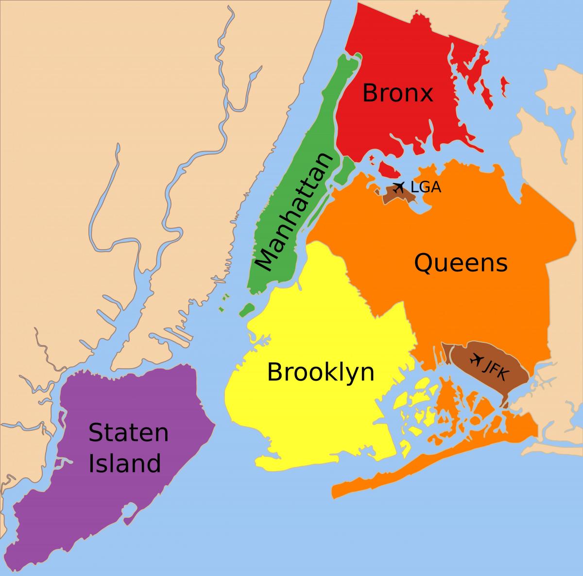地图中的五个行政区的纽约市