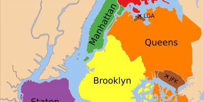 地图中的五个行政区的纽约市